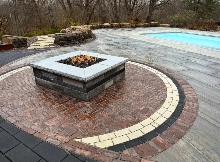 poolside hardscape with patio and fire feature in Springfield IL