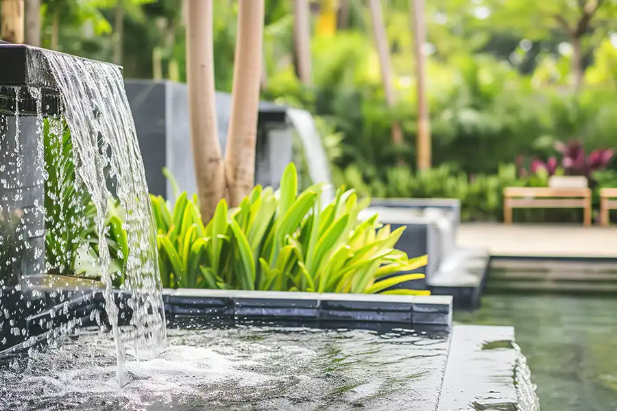 TaylorMade Landworks—An outdoor home with a modern water feature fountain in Springfield, IL.
