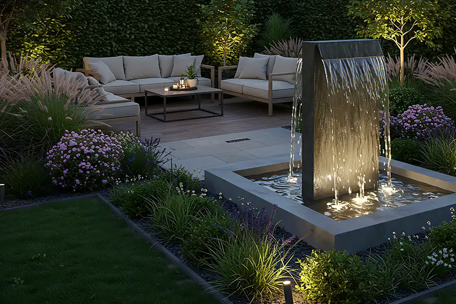 Taylormade Landworks—A water fountain on a patio in Springfield, IL.
