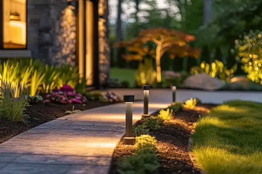 Taylormade Landworks—A Springfield, IL home’s front yard with LED landscape lights illuminating a path from the driveway to the front door.